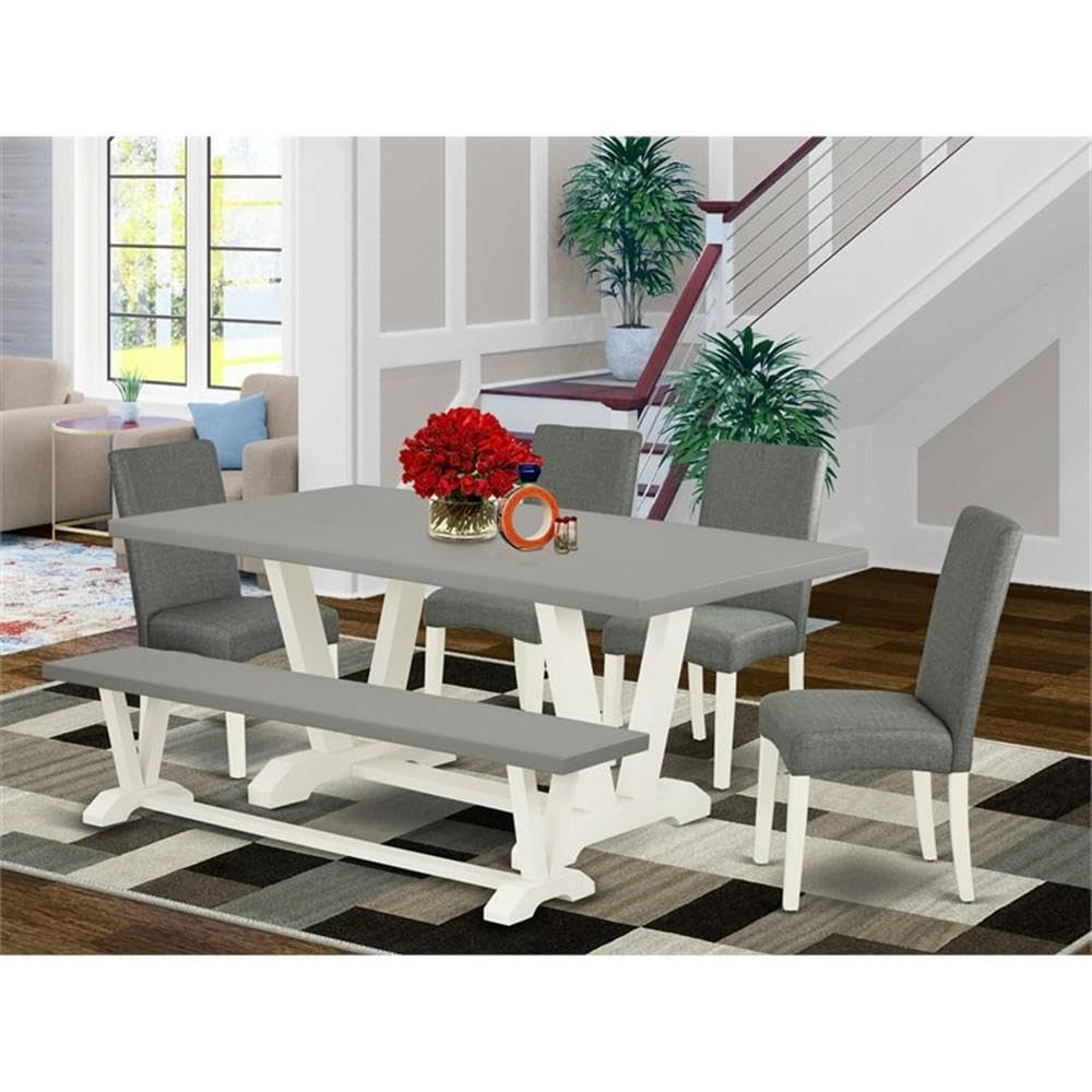 East West Furniture V-Style 6 Piece Set Contains A Rectangle Dining Room Table With V-Legs And 4 Gray Linen Fabric Parson Chairs With A Bench, 40X72 Inch, V097Dr207-6